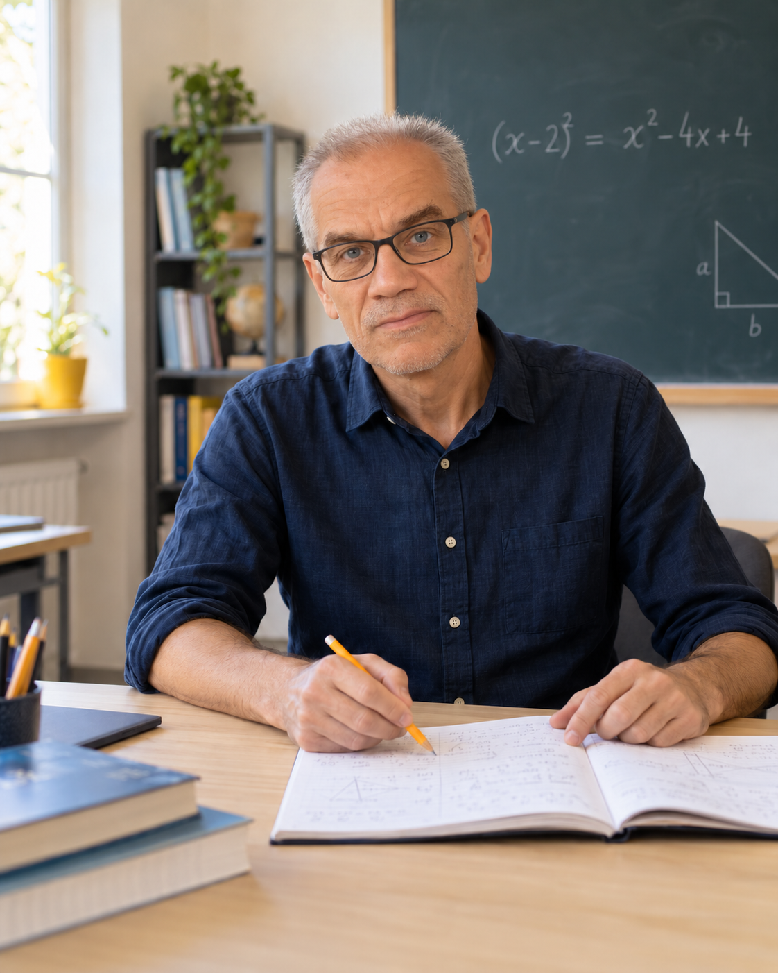 Profesor za stolom s matematičkom bilježnicom
